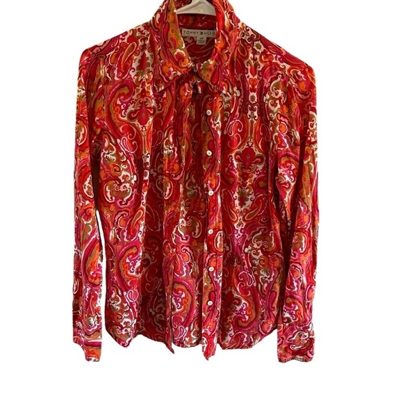 Vintage paisley Tommy Hilfiger button up blouse orange pink size small retro - Picture 1 of 11